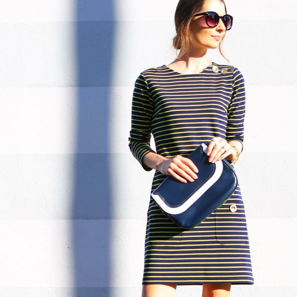 Sail to Sable Navy and white Striped Boatneck Shift Dress